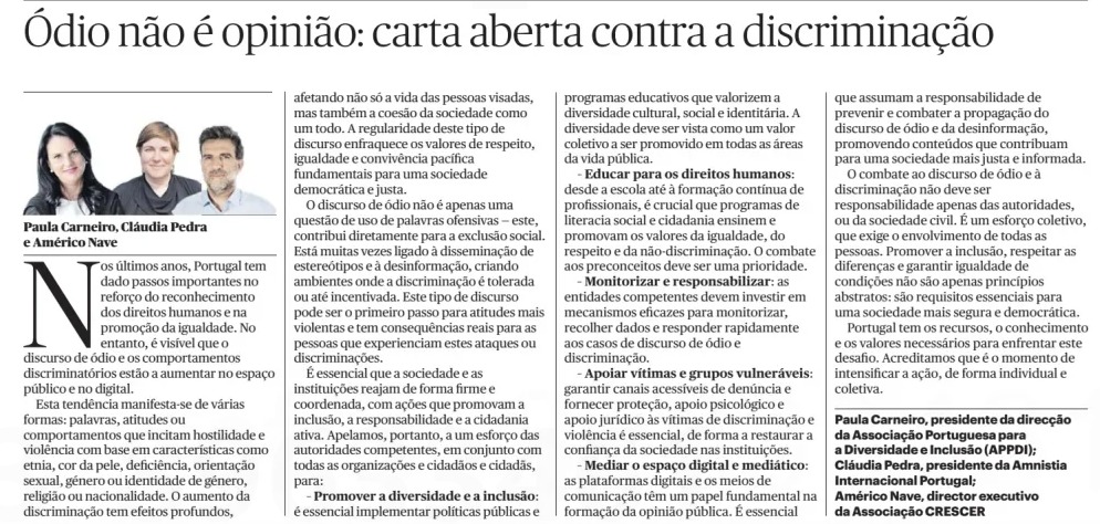 A Animar subscreve: “Ódio não é opinião” – um apelo pela Dignidade e Democracia