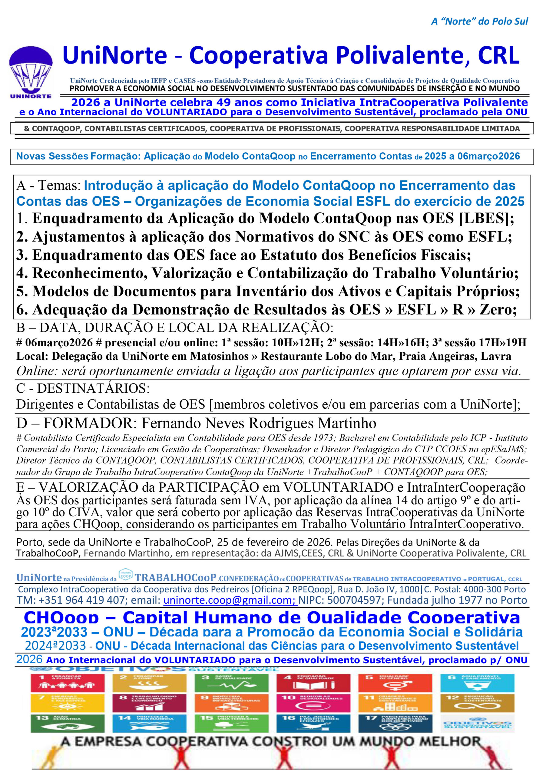 UniNorte » 06março2026 » Novas Sessões Formação de Aplicação Modelo ContaQoop no Encerramento Contas das OES ESFL de 2025